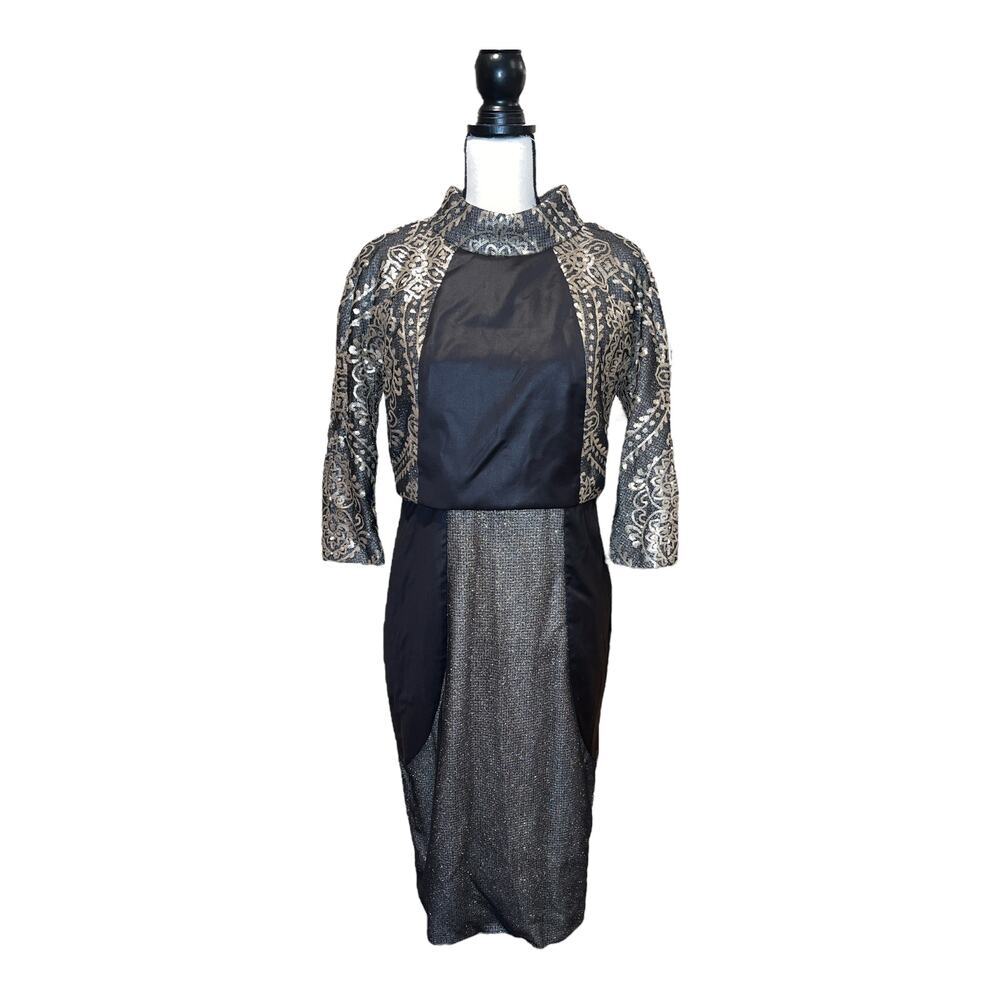 Stogova Women's Black Lace Metallic Sequin Gold Long Sleeve Dress Size 42